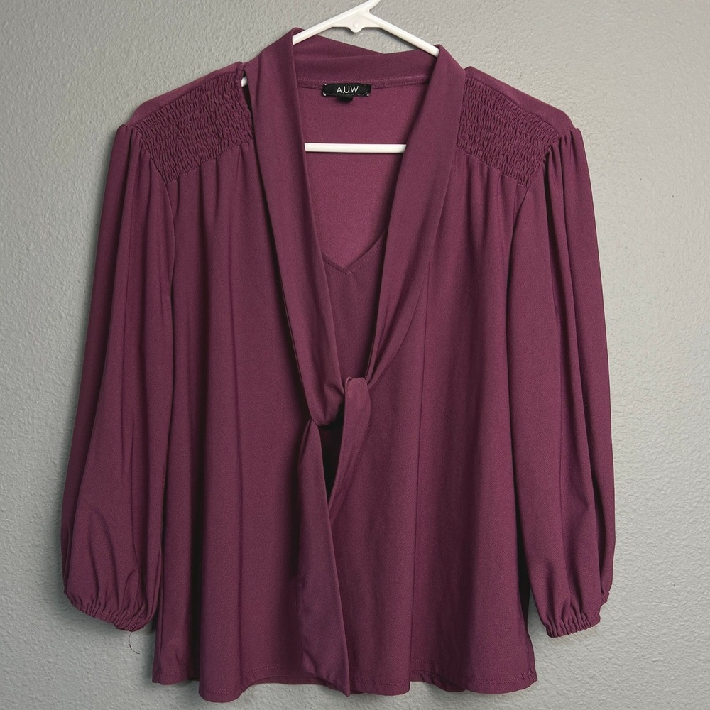 AUW Womens Plum Tie Neck Smocked Shoulder 3/4 Sleeve Layered Blouse Size M